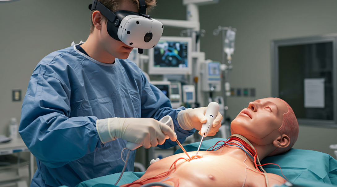 A medical student wearing a VR headset and blue surgical scrubs uses handheld simulation controllers to practice a procedure on a medical mannequin in a training lab.